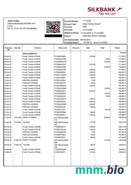 Pakistan SadaPay wyciąg z konta Word i szablon PDF